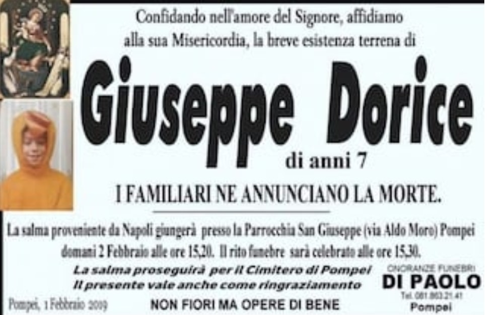 Oggi pomeriggio a Pompei i funerali di Giuseppe: ucciso a 7 anni dal patrigno