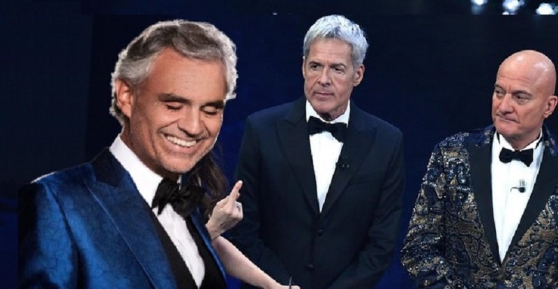 Bisio saluta con la mano Bocelli, la gaffe in diretta al Festival di Sanremo