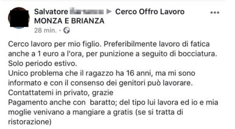 Il post virale, genitore cerca lavoro di fatica per il figlio bocciato a scuola