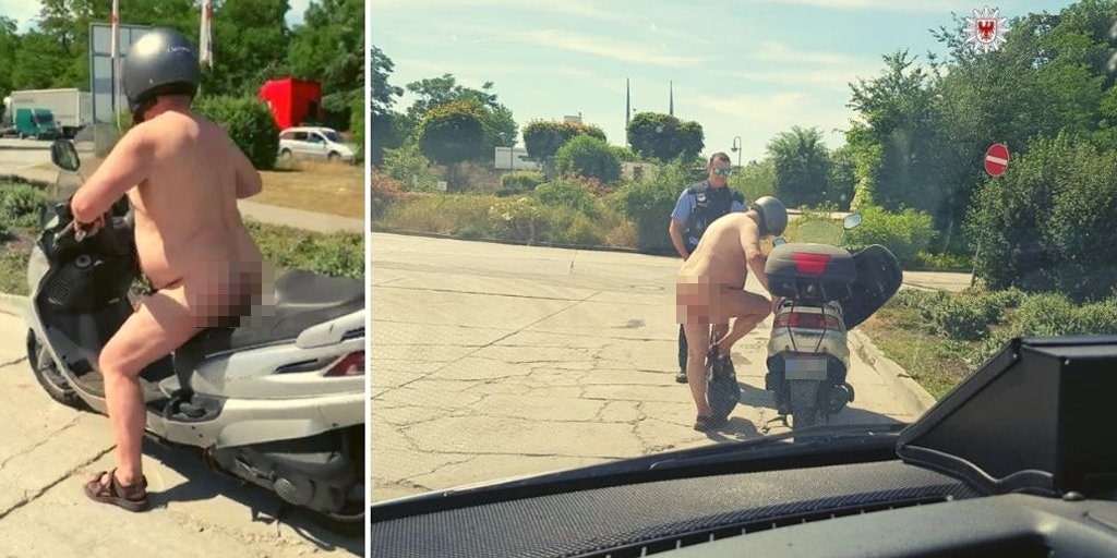 Completamente nudo in scooter, fermato dalla polizia si giustifica: “Fa troppo caldo”