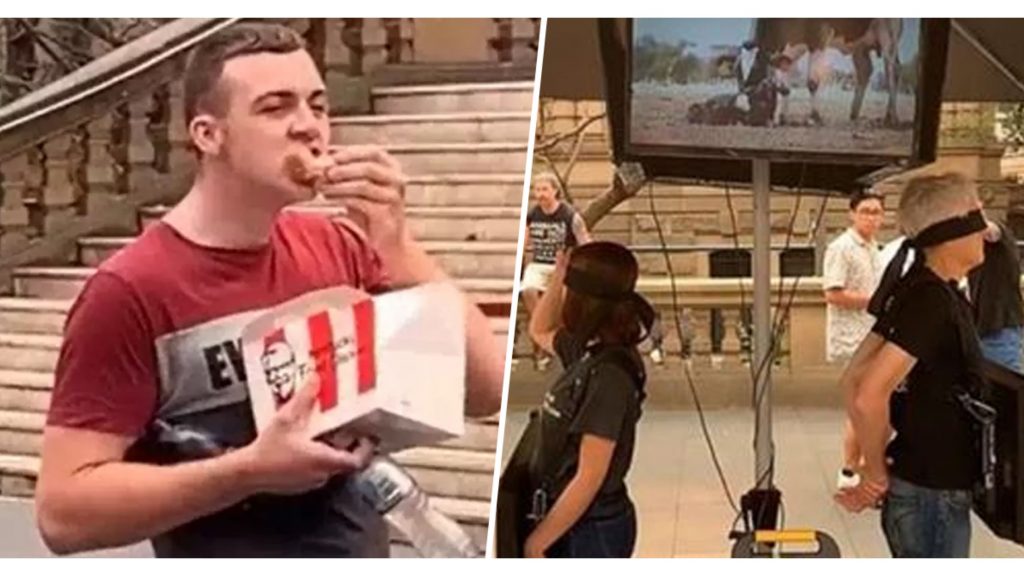 Ragazzo mangia pollo del KFC nel bel mezzo di una protesta vegana