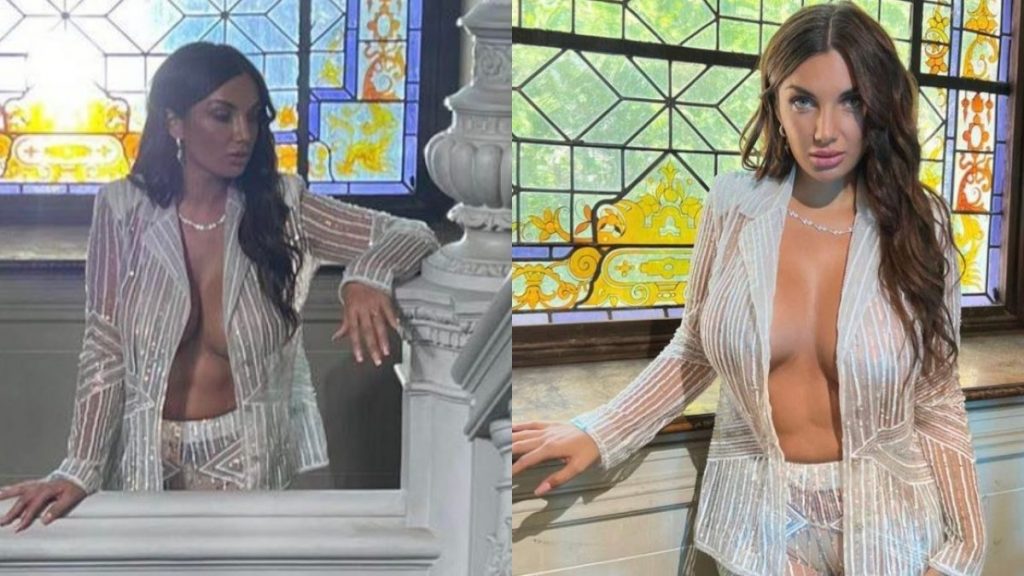 Elettra Lamborghini coi capelli lunghi: cambia look e indossa il tailleur trasparente senza reggiseno